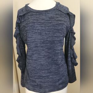 T81 August Silk stylish Heather Blue knit top with ruffly long sleeves Size L
